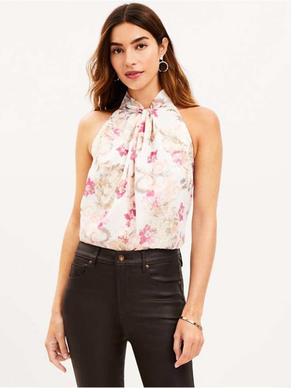 LOFT Floral Halter Tie-Neck Camisole in Ivory and Pink